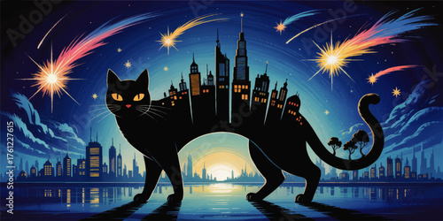 Surreal Black Cat Silhouette with City Skyline Back, Night Sky, Shooting Stars, Dreamlike Urban Fantasy Art, Blue and Yellow Tones