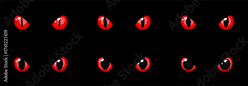Set of red glowing eyes dark background fantasy magic cartoon animal reptile feline mammal monster demon dragon shiny pupil vector illustration