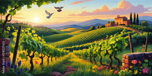 Picturesque vineyard landscape at sunrise, lush green hills, blooming flowers, and rustic farmhouse in Tuscany countryside illustration