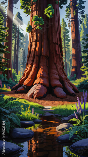 Majestic Sequoia Tree in Sunlit Forest with Stream, Ferns, and Wildflowers – Lush Nature Landscape Illustration
