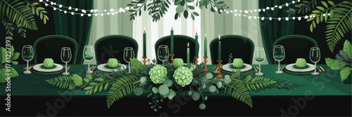 Elegant Green Botanical Tablescape Illustration with Candles, Lush Foliage Centerpiece, and String Lights for Wedding or Event