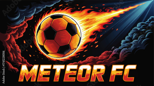 Fiery Meteor Soccer Ball Illustration with Dynamic Flames, Bold “Meteor FC” Text, and Explosive Sports Energy on Black Background