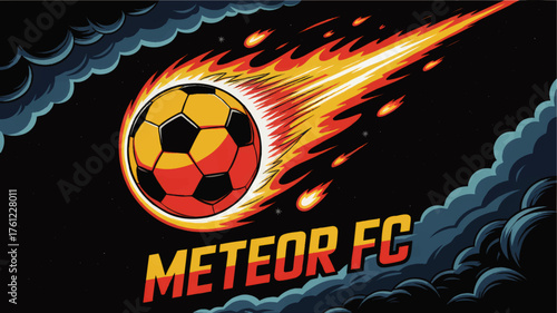 Dynamic Meteor FC Soccer Ball Streaking Through Space, Fiery Comic Style Illustration, Sports Team Logo Template