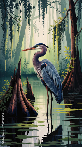Majestic Blue Heron Standing in Serene Swamp Wetlands with Cypress Trees and Moss, Nature Wildlife Illustration