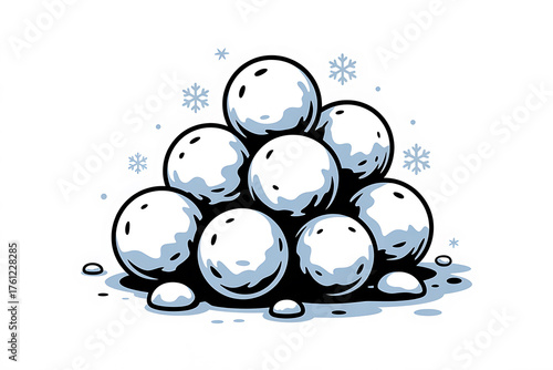 A playful pile of snowballs rests amidst delicate snowflakes, evoking winter fun and frosty delight.