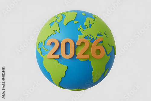 Stylized globe displaying the year 2026, representing future, progress, and global interconnectedness.
