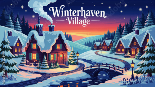 Cozy Winter Village Illustration with Snowy Houses, Pine Trees, Bridge, and Evening Sky for Holiday and Seasonal Design