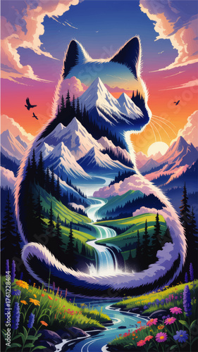 Majestic Cat Silhouette Landscape Double Exposure – Vibrant Mountain Sunset, Flowing River, Waterfall & Wildflowers Artwork
