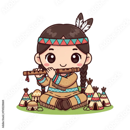 native american girl playing flute cartoon clip art preview