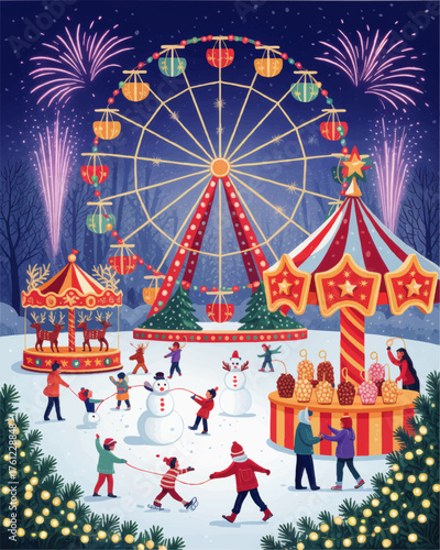 Festive Winter Carnival at Night with Ferris Wheel, Fireworks, Kids Playing, Snowmen, and Christmas Lights Illustration