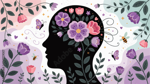 Floral Silhouette Head with Blossoms, Butterflies, Bees, and Leaves on Pastel Background – Mental Health and Nature Concept Illustration