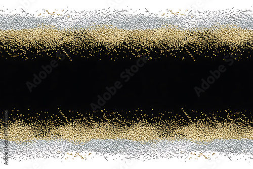 Abstract composition with black central band, surrounded by shimmering gold and silver particles.