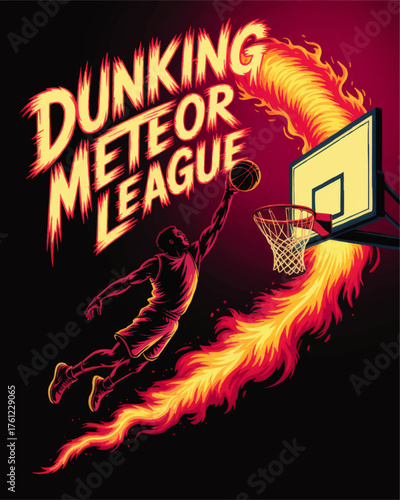 Dynamic Basketball Dunk Illustration with Flaming Meteor Trail, Cool Athletic Poster, Energetic Sports Artwork on Black Background