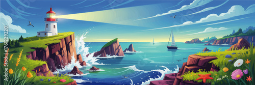 Vibrant Coastal Landscape Illustration with Lighthouse, Sailboat, Rocky Cliffs, Wildflowers, and Ocean Waves at Sunrise
