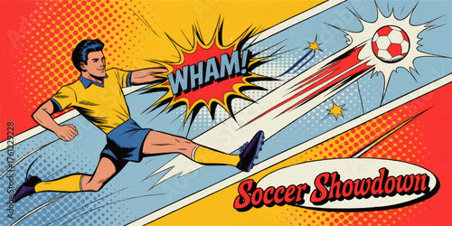 Dynamic Soccer Showdown Pop Art Illustration – Retro Comic Style Soccer Player Kicking Ball, Explosion Text, Vibrant Colors