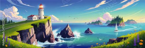 Stunning Coastal Lighthouse and Sailboat Illustration, Vibrant Blue Ocean, Rocky Cliffs, Wildflowers, Sunny Day, Adventure Landscape