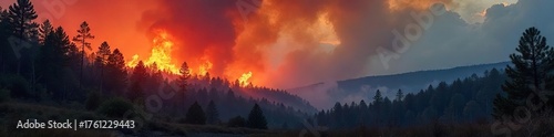 Devastating Forest Fire A Somber Landscape of Charred Trees and Billowing Smoke