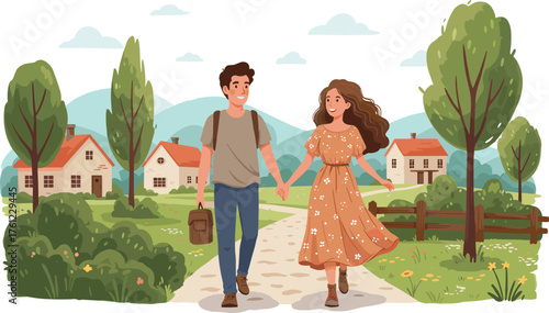 Romantic countryside walk, couple holding hands, stone path, green landscape, village houses, peaceful nature, floral dress, rural lifestyle, scenic view