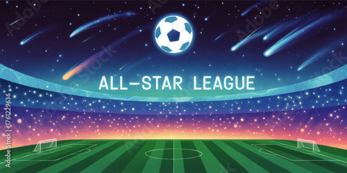 All-Star League Soccer Stadium Illustration with Glowing Night Sky, Comets, and Futuristic Sports Atmosphere