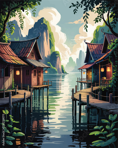 Serene Lakeside Village with Wooden Houses, Lanterns, and Majestic Mountains in Vibrant Artistic Illustration