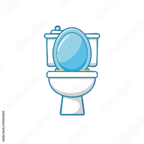 A close-up illustration of a clean and modern toilet with a light blue seat