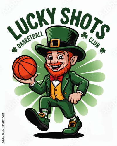 Lucky Shots Basketball Club Mascot Cartoon – Cheerful Leprechaun in Green Suit Holding Basketball, St. Patrick’s Day Sports Logo Design