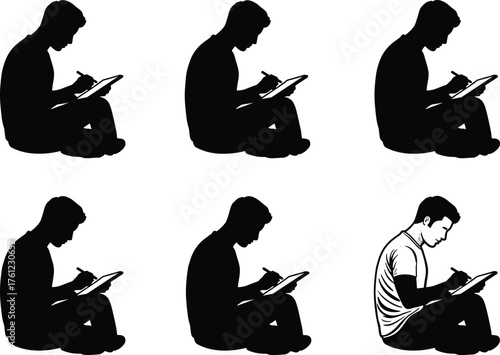 Silhouette to detailed illustration, digital drawing posture, tablet writing, seated figure, artistic process, character development, stylus use, sketch, profile, focus