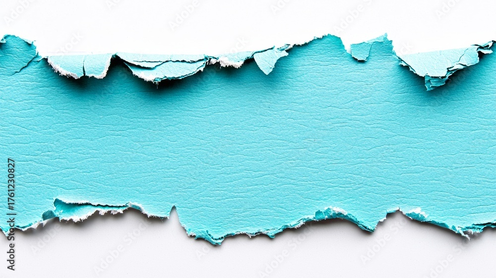 Fototapeta premium Torn aqua paper with rough edges creating an interesting texture and contrast against a white background