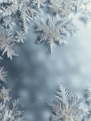 Delicate Snowflakes Sparkle Against a Soft Blue Background in a Winter Scene Full of Frost and Tranquility, Enhancing the Seasonal Beauty of Nature