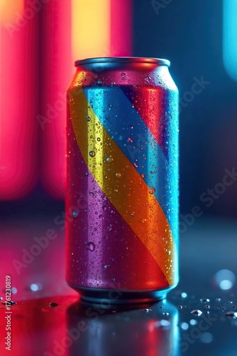 Iced Energy Drink Can with Condensation, Vibrant Blurred Background, Refreshing Summer Beverage, Perfect for Marketing and Advertising Campaigns