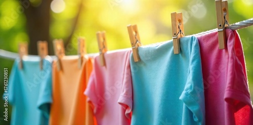 Sun-Drenched Laundry Drying on Clothesline Colorful Pegs and Freshly Washed Clothes Outdoors