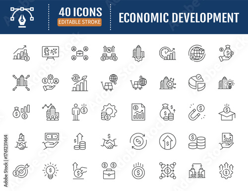 Economic development icon set. Includes finance, growth, investment, income, wealth, industry, trade, employment, innovation, productivity and more. Vector Illustration withEditable Strokes