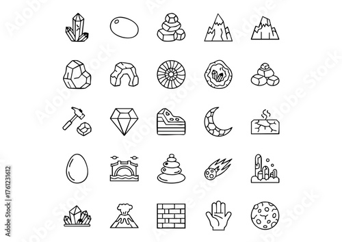 Geology and Gemstone Vector Icons: The Complete Collection, Stone & Mineral Line Art Icons: Rocks, Gems, and Geology, Nature's Hardscapes: Outline Icons of Stones and Crystals