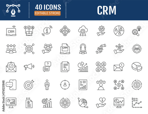 Crm line icon set. Includes customer,
relationship, manage, loyalty, contact, data,
report and more. Vector Illustration with Editable
Strokes