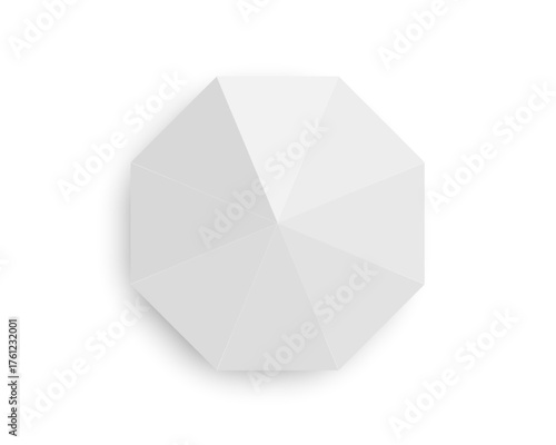 White tent top view. Beach umbrella in octagon shape. Street cafe sun shade. Kiosk canopy mockup isolated on white background. Sun protection equipment. Vector realistic illustration.