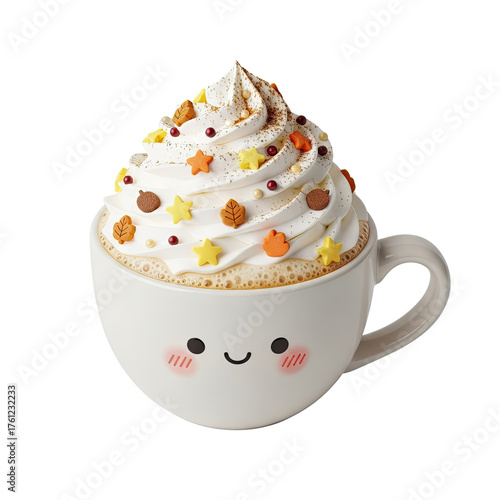Charming Kawaii Coffee Cup Filled with Whipped Cream and Autumnal Decorations Featuring a Cute Smiling Face with Blushing Cheeks and Star Shaped