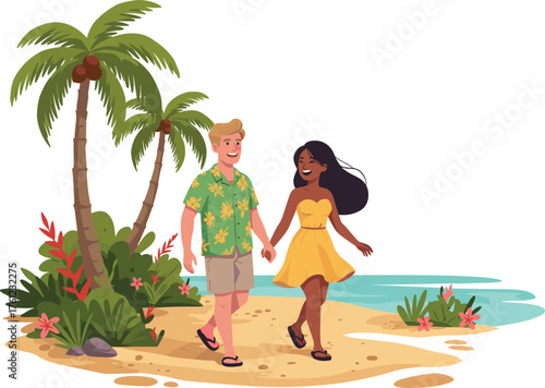 Tropical beach couple, walking hand in hand, floral shirt, yellow dress, palm trees, ocean waves, romantic moment, sunny day, vacation vibe