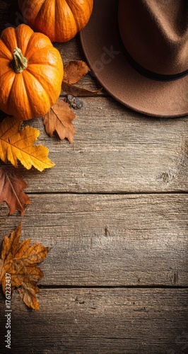 Pumpkins and fallen leaves rest on rustic wooden boards with a hat.