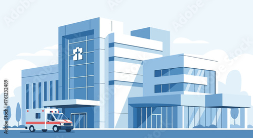 Modern hospital building with an ambulance parked outside, symbolizing essential healthcare services.