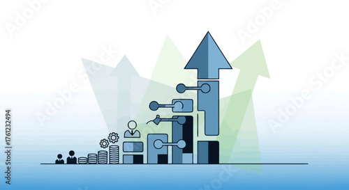Abstract illustration depicting business growth, progress, and success with ascending steps and an upward arrow.
