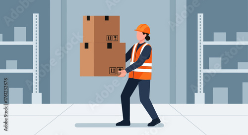 A worker in a warehouse carrying two stacked cardboard boxes, wearing a hard hat and high-visibility vest.