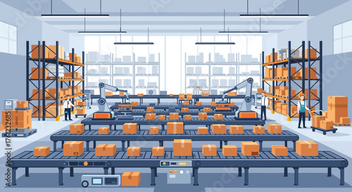 Automated warehouse interior with conveyor belts moving cardboard boxes, workers, and robotic arms managing logistics and distribution.
