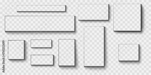 Set of square and rectangular boxes, web banners or cards shadow effects. Different realistic soft blurry shapes. Shades mockups isolated on transparent background. Vector realistic illustration.