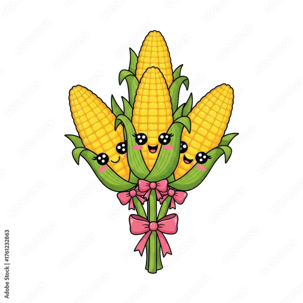 Fototapeta premium Charming kawaii style bouquet of four ripe yellow corn cobs adorned with cute smiling faces and rosy cheeks tied together with a delicate pink ribbon