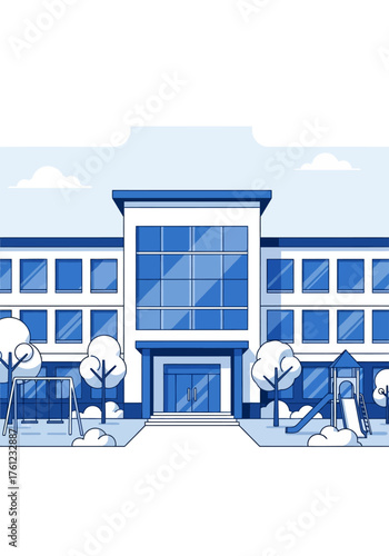 Modern school building exterior with a playground in a flat vector illustration style.
