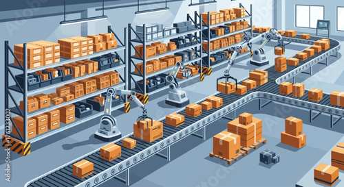 Automated warehouse with robotic arms, conveyor belts, and shelves full of cardboard boxes, illustrating modern industrial logistics and supply chain management.