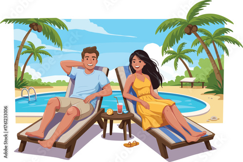 Tropical vacation scene, poolside relaxation, sunny day, palm trees, lounge chairs, juice glass, sandy area, summer vibes, leisure, travel moment