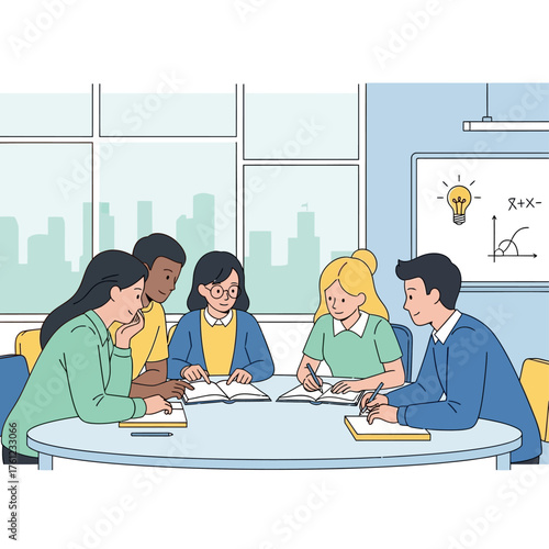 Group of students studying together at a round table, discussing and taking notes in a classroom.