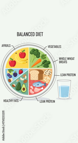 An illustrative guide to a balanced diet showing various food groups on a plate with a glass of water for healthy eating.