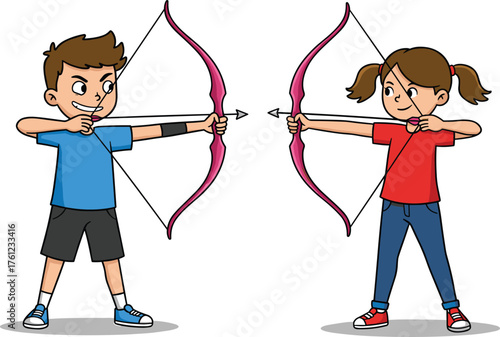 Two cartoon children aiming bows, playful archery competition, colorful outfits, focused expressions, motion, energy, outdoor activity, dynamic pose, tension, illustration